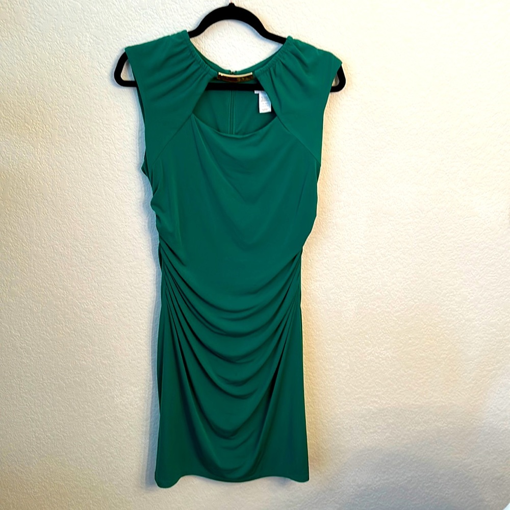 Cache beautiful green ruched dress, size 12. Sexy bodycon fit.
